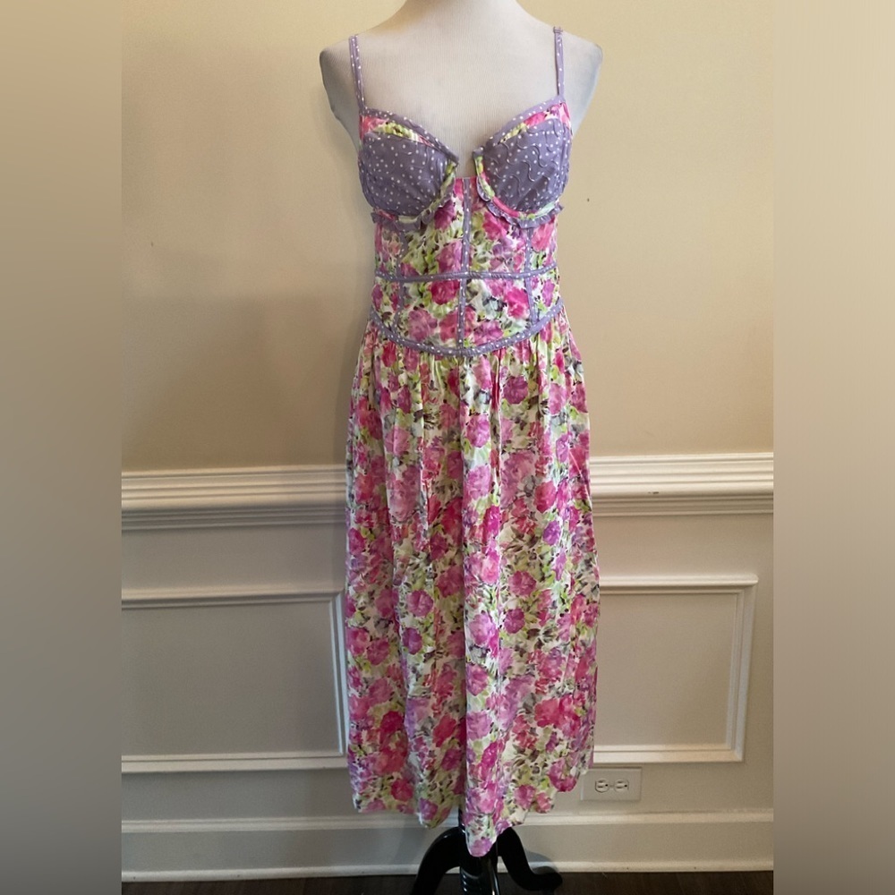 For Love & Lemons Lavender and Pink Floral Midi Dress